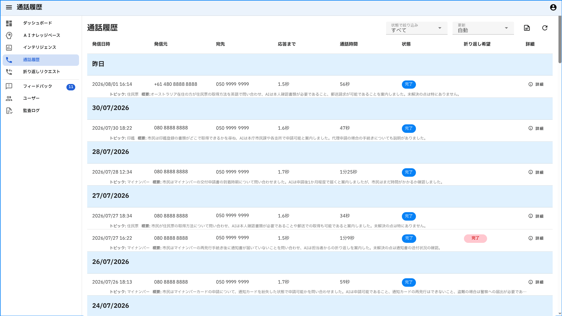 easyPhoneのリアルタイム通話状況ダッシュボード